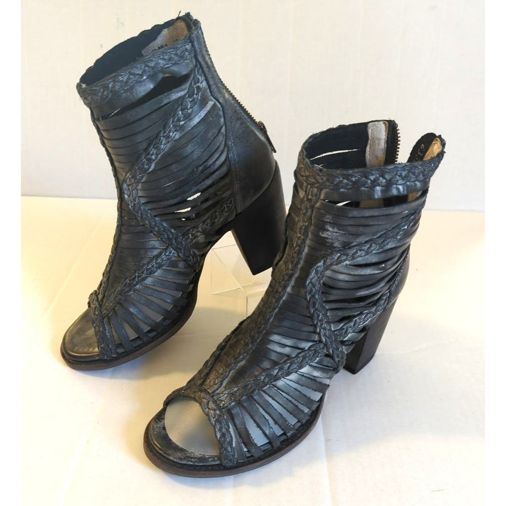 FREEBIRD Bootie Boots BELA Women 10 Black Woven Leather Cowgirl Hipster Grunge